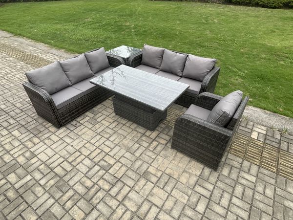 Fimous Outdoor Polyrattan Gartenmöbel Sets höhenverstellbarer Tisch Sofa Set mit Liegestühle Beistelltisch Dunkelgrau Gemischt