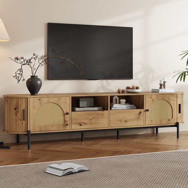 Merax Lowboard mit Rattan-Schiebetüren, Oval TV-Schrank in Holzoptik (1 St), TV Lowboard mit 2 Türen, 2 Schubladen & Stauraum, 200 x 40 x 49,5 cm