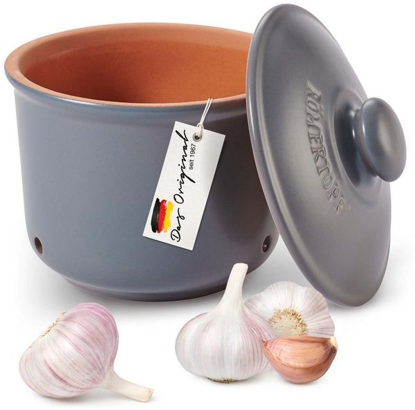 RÖMERTOPF Vorratsdose Frische-Topf MINI - Knoblauch Aufbewahrung 0,6 Liter Blau-Grau, Keramik, (Set), aus Naturton
