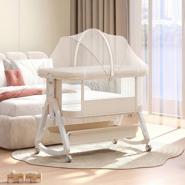 oyajia Beistellbett 3 in 1 Beistellbett Stubenwagen Babybett Baby Reisebett, 6-stufige Höhenverstellung, mit Rollen, Moskitonetz und Matratze