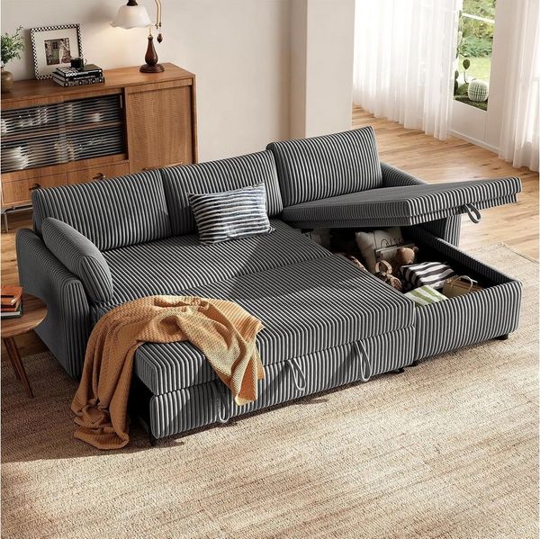 Patbrela Ecksofa mit Schlaffunktion, L-Form Ausziehbares Sofa mit Stauraum, Extra tiefe Sitzfläche, Links/Rechts montierbare Ottomane