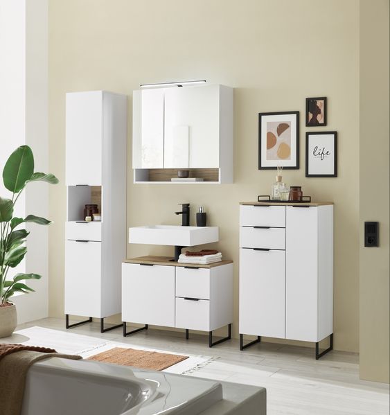 Badezimmer-Set >Denver< (4-tlg.) in weiß / Evoke Eiche Dekor - 220x195x35 (BxHxT)