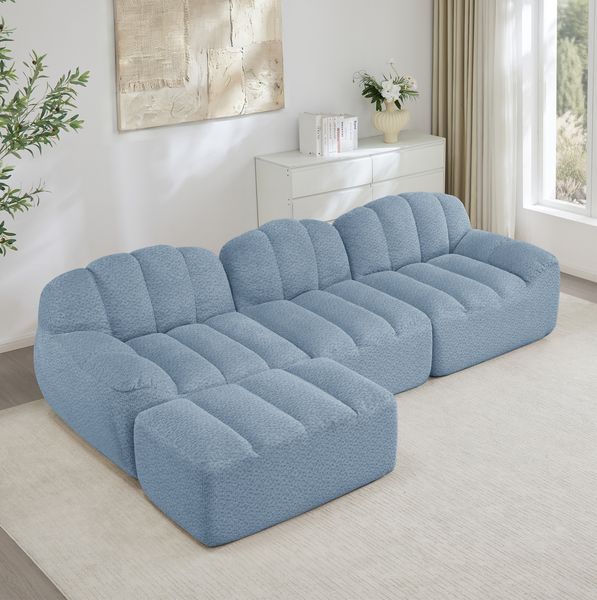 Ecksofa modular 79cm×228cm×165cm in L-Form mit Ottoman – 3-Sitzer Wohnzimmersofa aus granuliertem Fleece in Blau