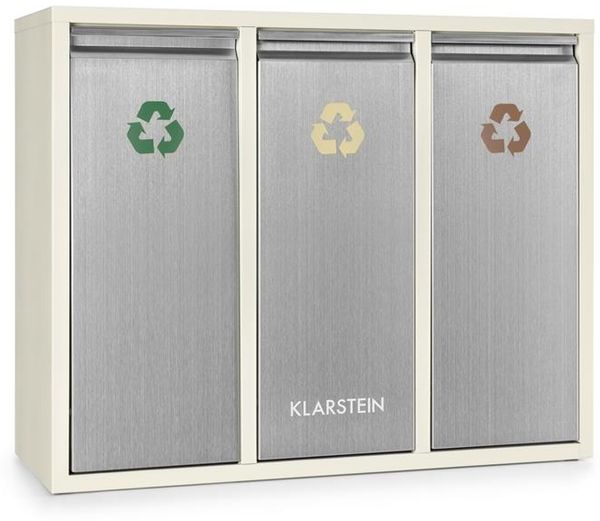 Klarstein Ordnungshüter 3 - Mülltrennsystem, Mülleimer, Mülltrenner, 45 Liter (3 x 15 L), Frontklappen mit Griff, Edelstahlgehäuse, farbliche Kennzeichnung, Recycling, creme-silber