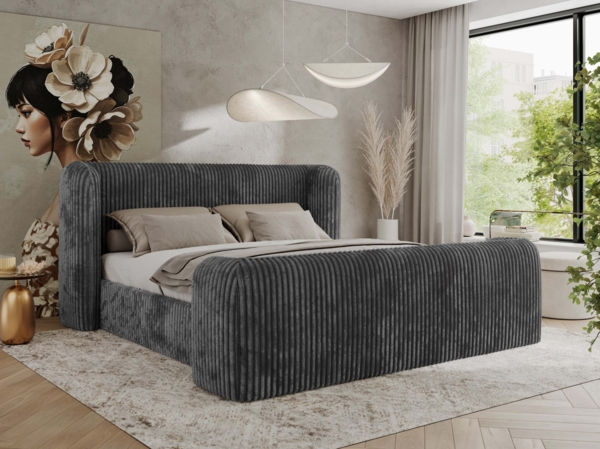 Polsterbett mit Lattenrost, Doppelbett für Schlafzimmer, Gepolstertes Kopfteil, Multipocket matratze, Härtegrad H3/H4 - EMORA CLASSIC DUO - 140 x 200 cm - Grau Cord - ELORI - LUX