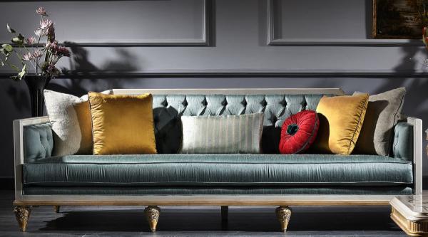 Casa Padrino Luxus Barock Sofa Türkis / Weiß / Gold 256 x 89 x H. 90 cm