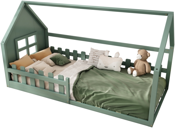 Kinderbett 90x200 cm in Hausform, Kiefer + MDF, niedrige Bauhöhe für sichere Nutzung, Grün