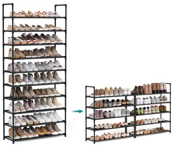 SONGMICS Schuhregal, 10 Ebenen, Schuhablage, Schuhaufbewahrung, schmal, 28 x 83 x 173 cm, Metallgestell, Ablagen aus Vliesstoff, für Flur, Schlafzimmer, schwarz