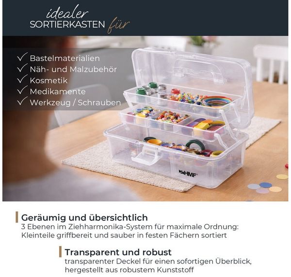 HMF Aufbewahrungsbox Nähkasten aufklappbar mit 3 Ebenen, Sortierbox mit 8 Fächern für, Kleinteile, 33 x 20 x 15 cm, Transparent
