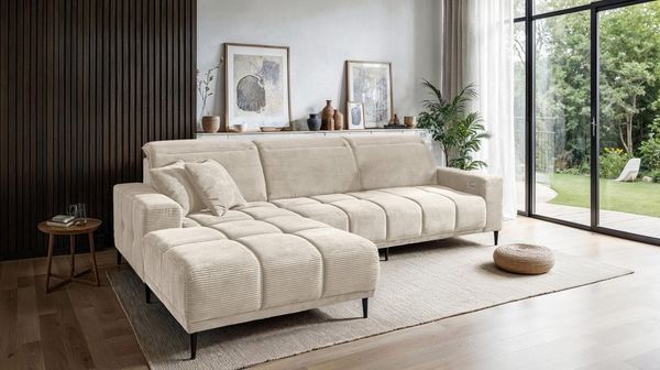 Massivart® Ecksofa Cord 286 cm / Cordsofa / elektrische Sitztiefenverstellung / MARISOL, Kopfteilverstellung / Sitztiefenverstellung / Nosagunterfederung