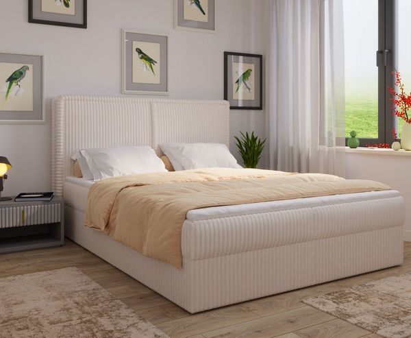 MOEBLO Boxbett Bett 04 (Bonnellmatratzen + Topper, Doppelbett gepolstertes Kopfteil Bett mit Bettkasten, aus Cord, Polsterbett Kontinentalbett), (BxHxT):143/163/183x113x214cm