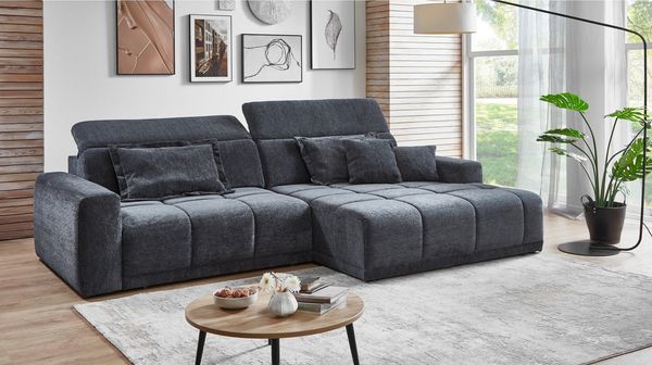 Massivart® Ecksofa Bouclé Bezug / 288 cm / elektrische Sitztiefenverstellung / BROOK, Kopfteilverstellung · Nosagunterfederung · frei im Raum stellbar