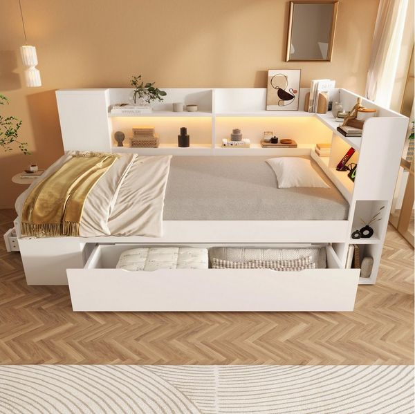 Flieks Daybett, Holzbett 90x200cm mit USB&Typ-C, LED, Stauraumregal und Schublade