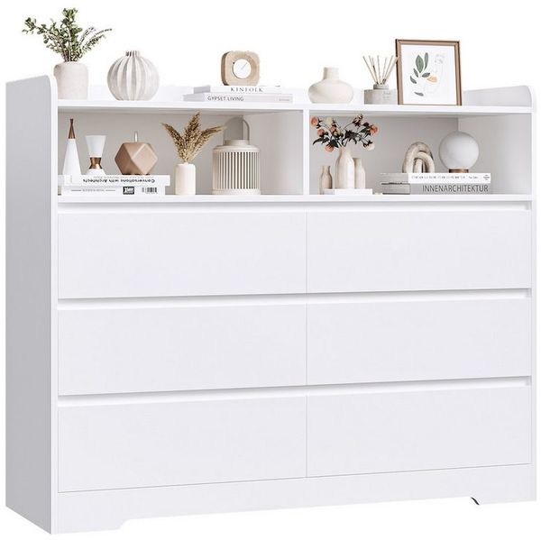 Homfa Kommode Sideboard Komodenschrank, mit 6 Schubladen und 2 offenen Fächern, Breite 120cm Höhe 100cm