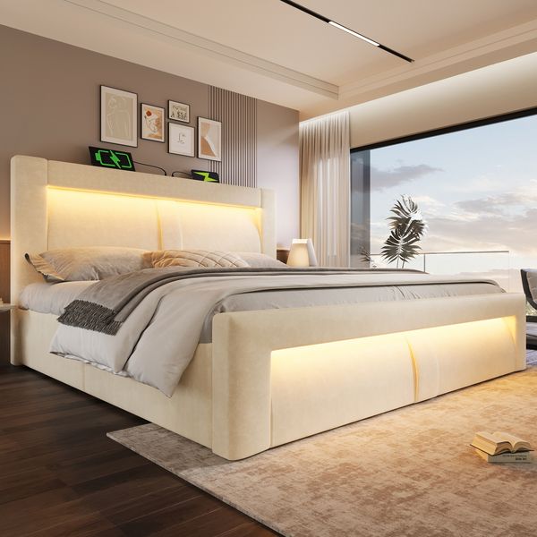 Polsterbett 160×200 cm aus Samt-Stoff mit LED-Beleuchtung und USB-C-Ladestation, beige