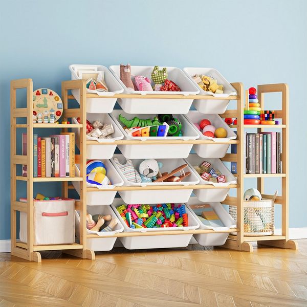 SpaceAid Kinderregal mit 6 Regalen und 12 Behältern, Spielzeug Regal, Bücherregal Kinder