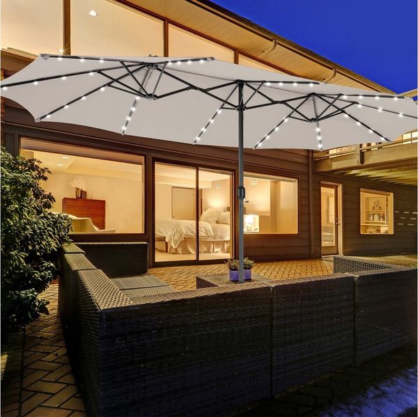 COSTWAY Sonnenschirm, 450 x 260 cm, LED-Solar-Beleuchtung, UPF 50+, mit Ständer
