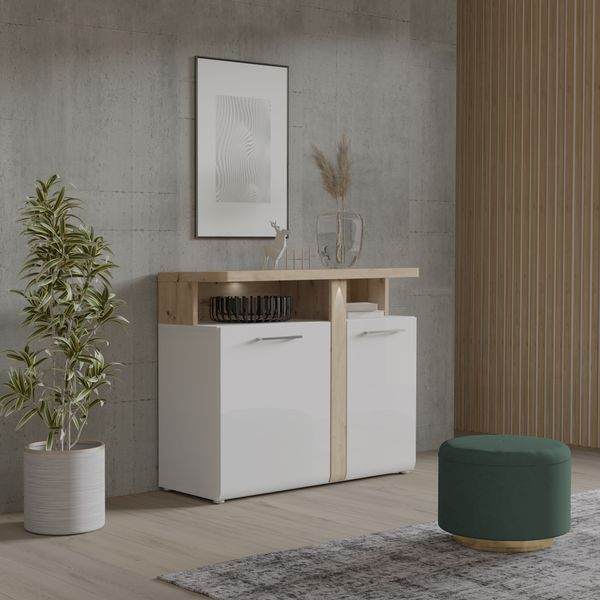 FORTE Tuluza Kommode mit LED Beleuchtung, Holzwerkstoff, Weiß/Braun, 103,5 x 85,9 x 43,4 cm
