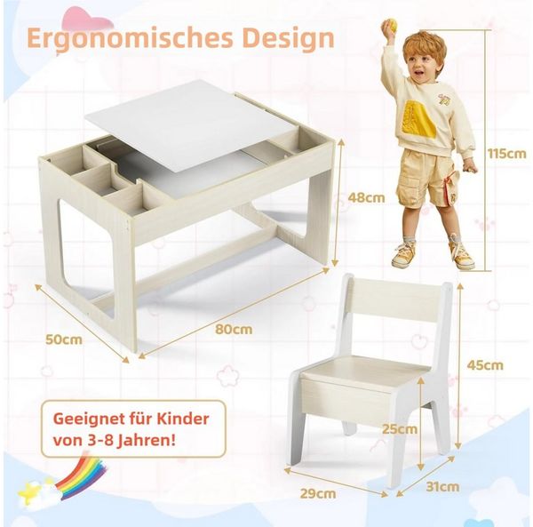 TLGREEN Kindertisch mit 2 Stühlen, Kindersitzgruppe (Kinder Tisch Stuhl Set mit wendbarer Tischplatte, 80 x 48 x 48 cm), Kinderschreibtisch für Schule, Kindertagesstätte, Kinderzimmer
