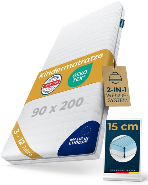 Sun Garden Kindermatratze 90x200 cm – 3–12 Jahre, 2-in-1 Mitwachs-System für Kinderbett & Jugendbett, Oeko-Tex & Dermatest „Sehr gut, 15 cm Komfortschaum RG28, Made in Europe