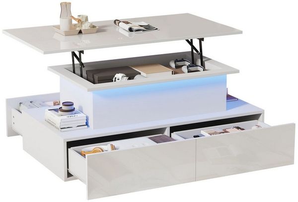 Merax Couchtisch hochglanz Sofatisch Beistelltisch mit LED und hydraulischer Lift (Lift-Teetisch, 90x55x41cm), Wohnzimmertisch mit 4 Schubladen und Stauraum inkl. Fernbedienung