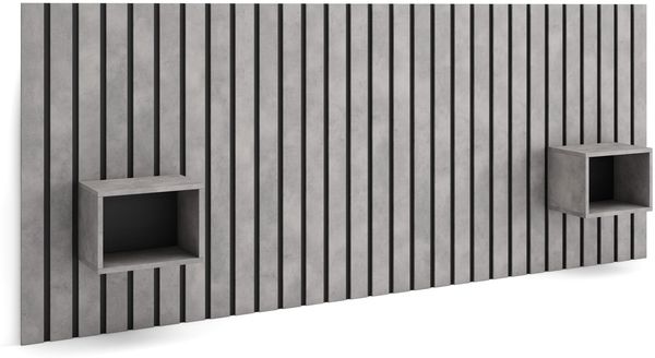 Skraut Home | Kopfteil, Nachttischen | Lamellenwand Holz | 258 x 107 x 3 cm | 150,160,180 cm Bett | Stauraum | Moderner Stil | Zement