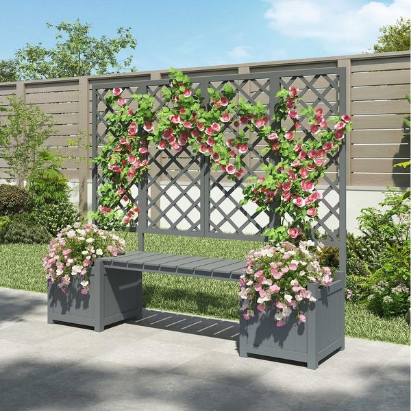 BlingBin Blumenkasten Blumentopf mit Spalier als Rankhilfe, Rankhilfe für Kletterpflanzen (Pflanzkübel aus massivem Tannenholz, 1 St, Pflanzkasten mit Spalier und Sitzbank), Blumentopf für Garten, Terrasse und Balkon, wetterfest