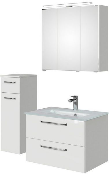 Saphir Badmöbel-Set Badmöbel-Set Trentino 3-teilig Glas-Waschtisch mit LED-Spiegelschrank, (4-St), Badezimmer-Set mit Unterschrank inkl. Türdämpfer