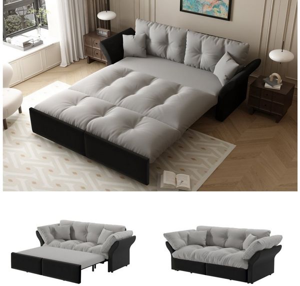 BBG Schlafsofa 3-in-1 Schlafsofa 190 cm – Platzsparendes Ausziehsofa mit Bettfunktion, Kleine Größe Gästebett, Velours Couch mit Kissen, Perfekt für kleine Wohnungen & Besuch