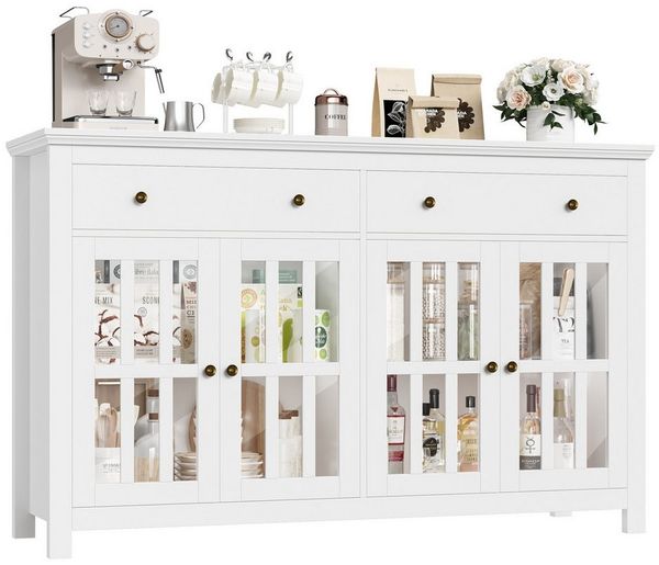 Homfa Sideboard Küchenschrank, Buffetschrank mit 2 Schubladen 4 Glastüren 140x40x91cm weiß