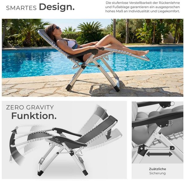 tectake® Sonnenliege klappbar, Liegestuhl, Gartenliege stufenlos verstellbar, Outdoor Sessel für Balkon oder Garten, Liege mit extra Dicker Auflage, Relaxliege belastbar bis 200kg (Hellgrau) Bild 3