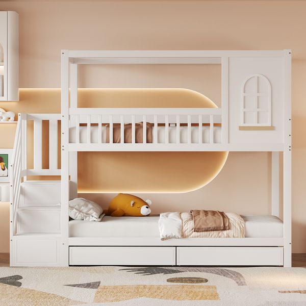 Etagenbett Liegefläche 90x200 cm aus Holzmaterial in Weiß mit Haus-Design, Fenster, Sicherheitsleiter und Stauraum
