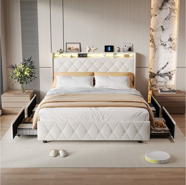 ADWOLT Stauraumbett Polsterbett mit Lattenrost und LED-Beleuchtung, Jugendbett 140x200cm mit USB&Type-C,Doppelbett mit 4 Schubladen,Beige
