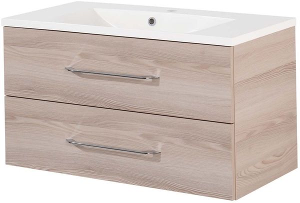 FACKELMANN B.CLEVER Waschbecken mit Unterschrank 90 cm breit, Braun hell, Waschbecken Gussmarmor Weiß