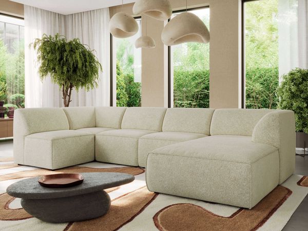 Modulares XXL-Ecksofa MODARO 5M, U-Form, Wohnlandschaft, 5-teilig, freistehend, Wohnzimmer Couch, HR-Schaumstoff - Creme Stukture - Rechts
