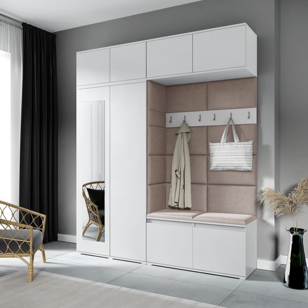 Garderoben-Set NIKOLA, Kleiderschrank mit Polsterplatten, Schuhschrank und Schrankaufsatz 90 cm –Ideal für Flur und Eingangsbereich (Weiß, Trinity 05), 225 x 40 x 190 cm