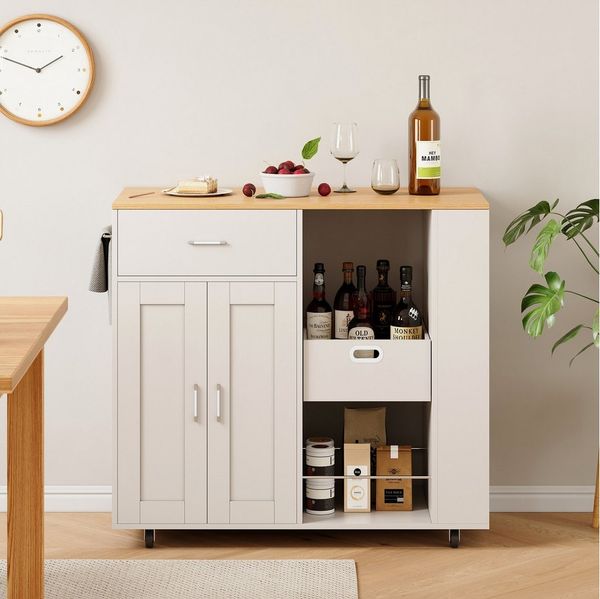 FUROKOY Kücheninsel Küchenwagen auf Rollen, Holz Bewegliche Kücheninsel, (mit Schubladen, Regale, Aufbewahrungsboxen und ein Gewürzregal), für Küche und Esszimmer, 102 x 46 x 92 cm, Weiß