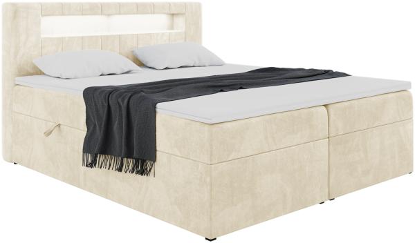 MEBLINI Boxspringbett ASPIN 140x200 cm mit Bettkasten und LED - H4/Beige Samt Polsterbett - Doppelbett mit Topper & Taschenfederkern-Matratze