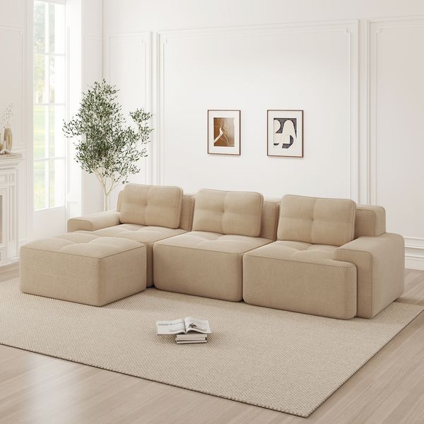 Cloud Modulsofa Boneless L-förmiges Sofa,Modulares Sofa mit Ottoman Modulares Cloud-Sofa 3-Sitzer Corduroy-Cloud-Sofa für Wohnzimmer Montagefreies Sofa,Corduroy,Beige,