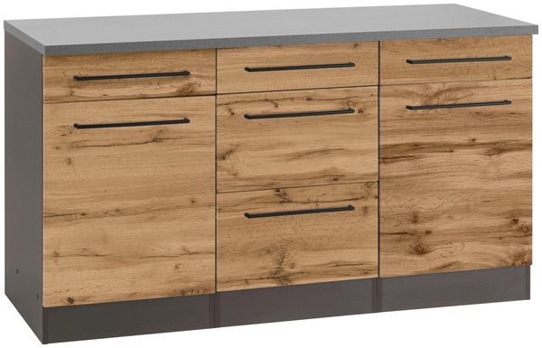 KOCHSTATION Unterschrank KS-Tulsa 150 cm breit, 2 Türen, 3 Schubkästen, 2 große Auszüge für Stauraum
