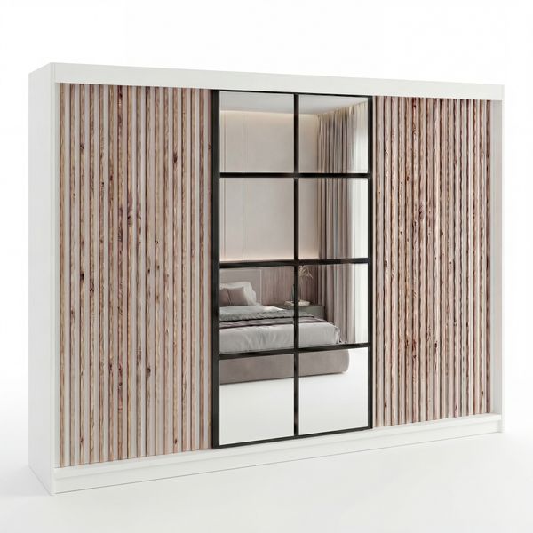 Schwebetürenschrank NORIVO 3-türig Schrank 200 cm (mit Spiegel) Farbe: Weiß,Weiß,Schwarz,Weiß Bild 2