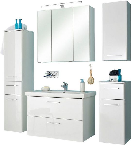 Saphir Badmöbel-Set Quickset 316 5-teilig, inkl. Keramik-Waschtisch und LED-Spiegelschrank, (Set, 5-St), mit Türdämpfern in Weiß Hochglanz, 7 Türen, 3 Schubladen, 1 Klappe