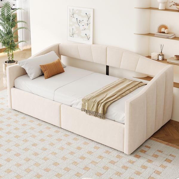 Multifunktionales Polster Schlafsofa mit Bettkasten, hydraulischem Stauraum, Samtbezug, Rückenlehne und Armlehnen, Beige