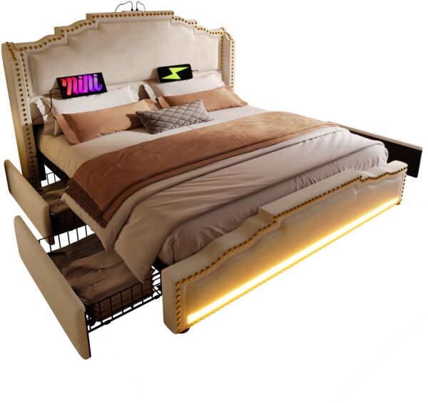 Merax Polsterbett 160×200, Doppelbett mit 4 Schubladen, LED-Beleuchtung und USB-C-Ladeanschluss, Stauraumbett und Jugendbett mit Lattenrost, Samt, Beige, ohne Matratze Bild 10