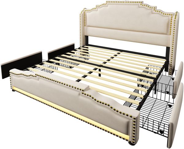Merax Polsterbett 160×200, Doppelbett mit 4 Schubladen, LED-Beleuchtung und USB-C-Ladeanschluss, Stauraumbett und Jugendbett mit Lattenrost, Samt, Beige, ohne Matratze Bild 9