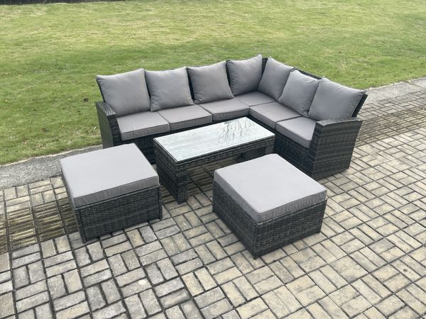 Fimous 8 Sitzer Gartenmöbel-Set aus Rattan Hoher Rücken Rattan Ecksofa Set mit 2 Großer Hockern Rechteckiger Couchtisch