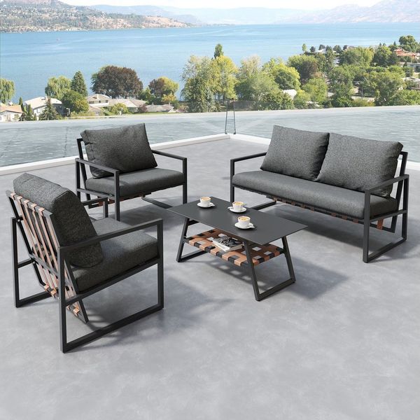 KLAM HOME Gartenlounge-Set Gartenmöbel-Loungesessel-Set mit verzinktem Stahlrahmen für 4 Personen, (4tlg. Set, 1 Beistelltisch 2 Einzelsofas 1 Doppelsofa (inklusive Kissen), Gartenmöbel-Sitzgarnitur Gartenmöbel-Set für den Außenbereich Terrasse
