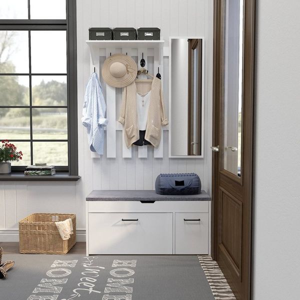 Mondeer Garderoben-Set (2-St), Garderobe mit Schuhbank, Garderobenpaneel mit Spiegel und 5 Haken