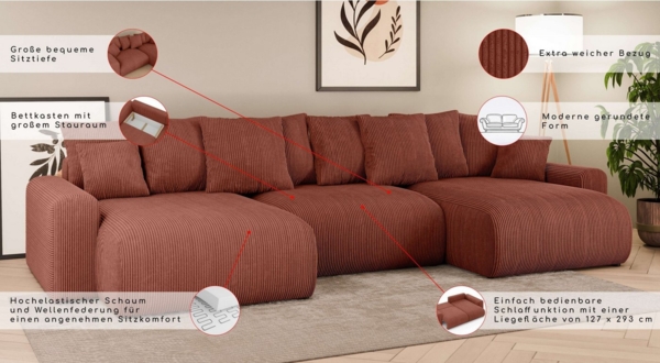 Home affaire Wohnlandschaft LAKESIDE mit Bettfunktion und Bettkasten, Maße B/T/H: 332,5/142/84 cm, U‑Form mit vielen Kissen und Wellenunterfederung Bild 2