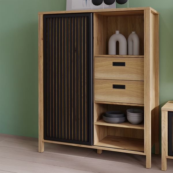 Forte JYTANA Schrank 100 105, skandinavischer Schrank mit 2 Schubladen, Schranktür und 3 offenen Fächern, Mauvella Eiche mit Schwarz, 103,4 cm breit x 129,9 cm hoch x 40,2 cm tief